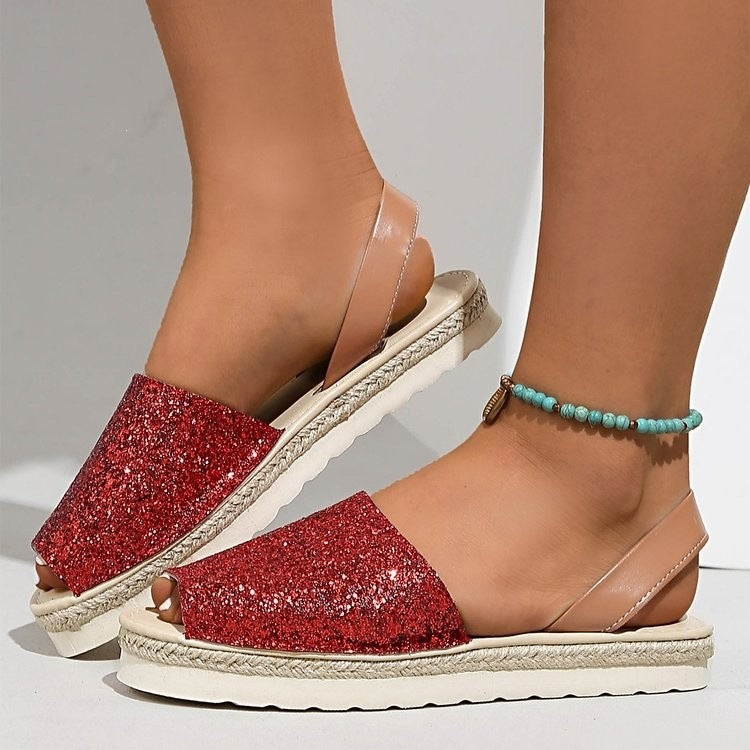 Export sequinflats fish mouth sandals women's fashionplus size shiny open toe soft bottom sandals cross-border export shoes wholesale