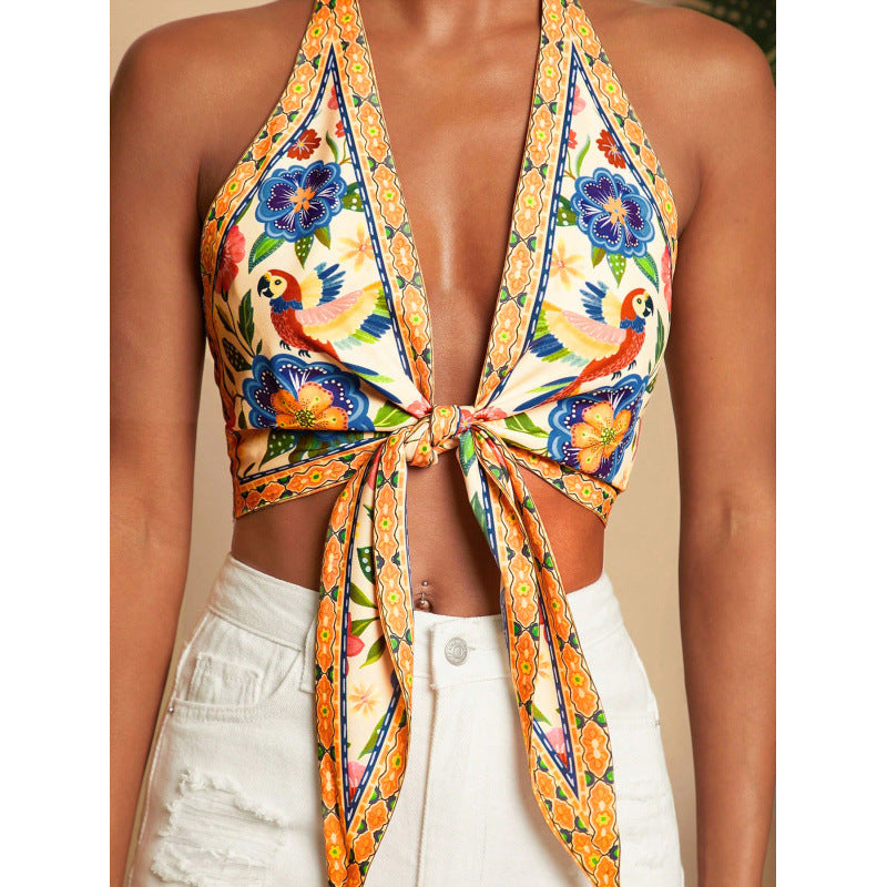 european and american style tropical print halter neck tie deep v backless sleeveless tank top - beach vacation hot girl outfit