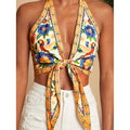 european and american style tropical print halter neck tie deep v backless sleeveless tank top - beach vacation hot girl outfit