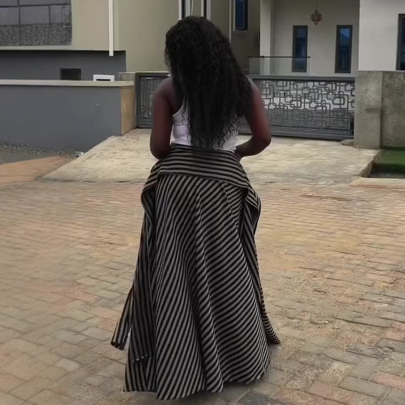 European and american cross-border women's fashion:  summer new arrivals - stylish, high-waisted, slimming, designer striped maxi midi skirt