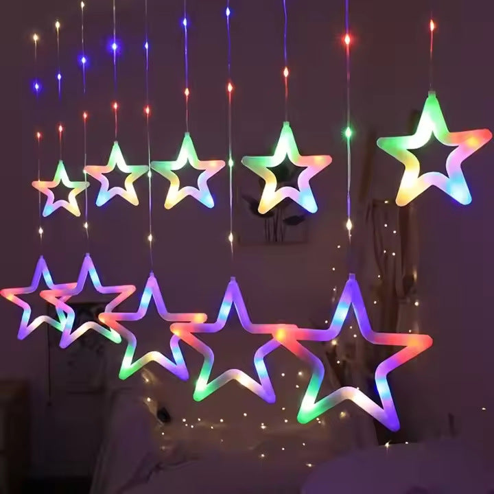 Cross-border  LED leather line pentagram curtain light waterproof star flashing light Christmas decoration star curtain light
