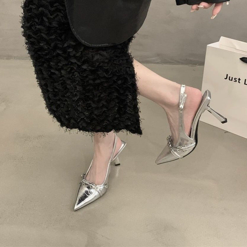 French toe high heel sandals flats 2025 spring new style back hollow thin heel elegant pointed toe flats women's shoes