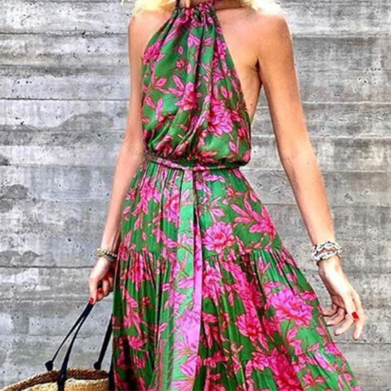 summer new european and american fashion women's halter neck sexy dress - backless printed sexy maxi dress