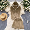 European style fashion set for women - summer design with 3d embossed hooded sleeveless knit top and high-waisted wide-leg shorts