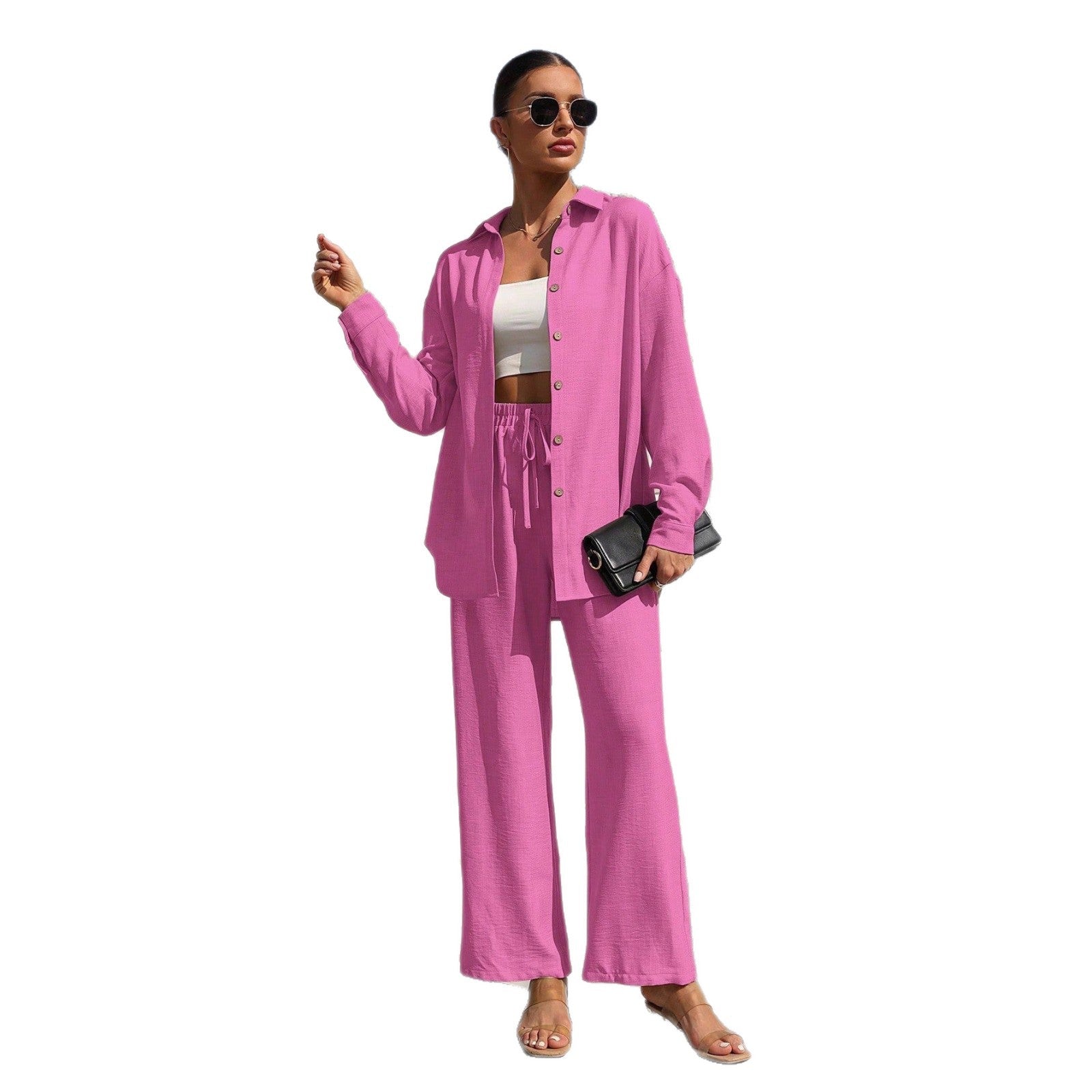 Europe and the United States  fashion spring and autumn style temperament large size women's long-sleeved cardigan two-piece set casual solid color set