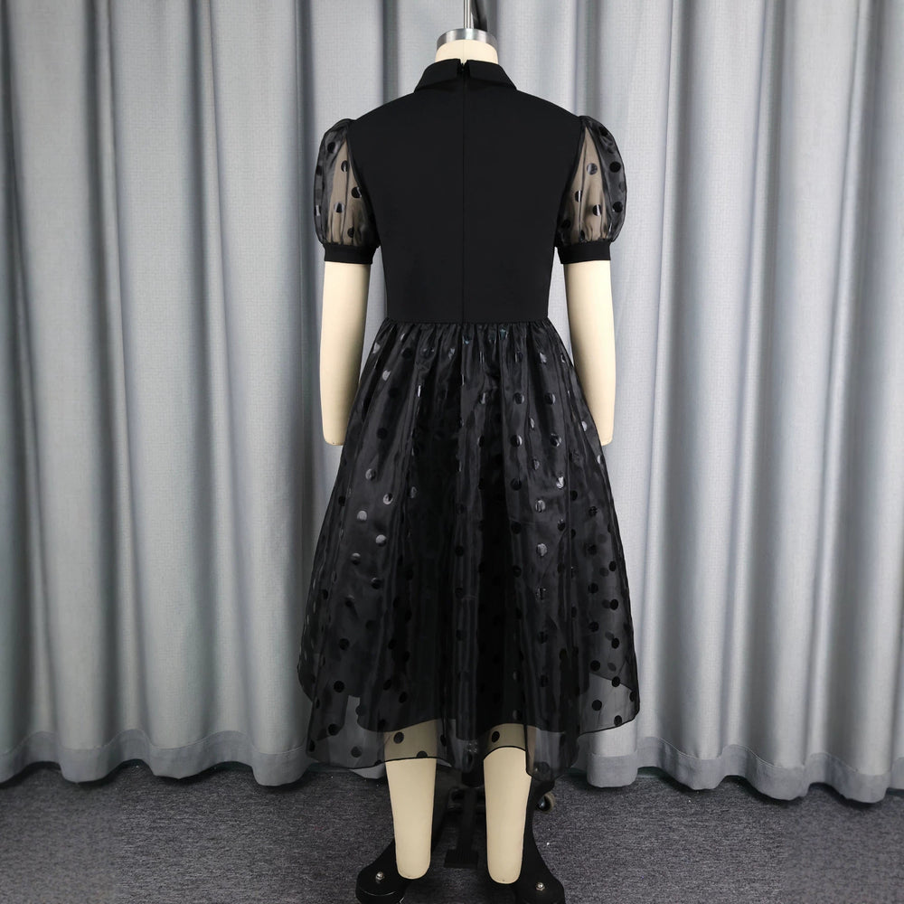 Trendy new mesh polka dot dress - cinched waist, shirt collar, black commute-ready retro style dress