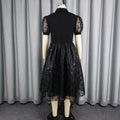 Trendy new mesh polka dot dress - cinched waist, shirt collar, black commute-ready retro style dress