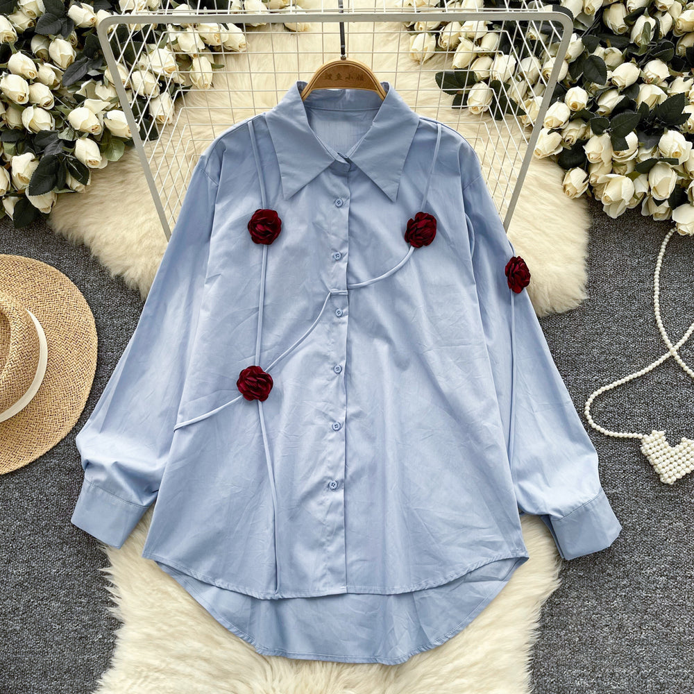 Frenchniche stylesense of designstereoflowersshirtfemaleautumlooseslimming lookfashionable age reduction chicaccessible luxurytops