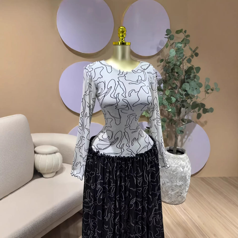 European and american cross-border women's fashion  spring new arrival: long-sleeved, round neck, printed, slim-fit, pleated, patchwork maxi dress