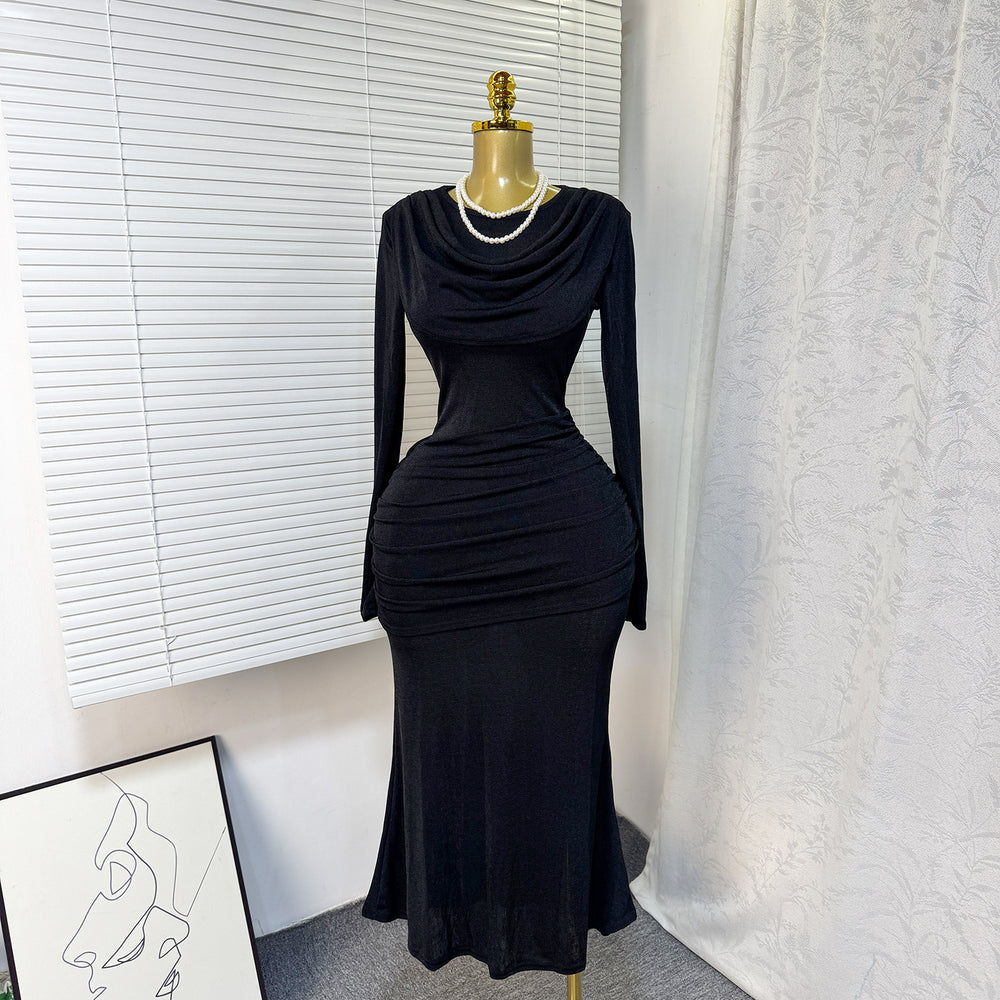 fashion evening dress 2026 spring new arrivalfashionelegant slim fit high round neck pleated hip cover long sleevesdress