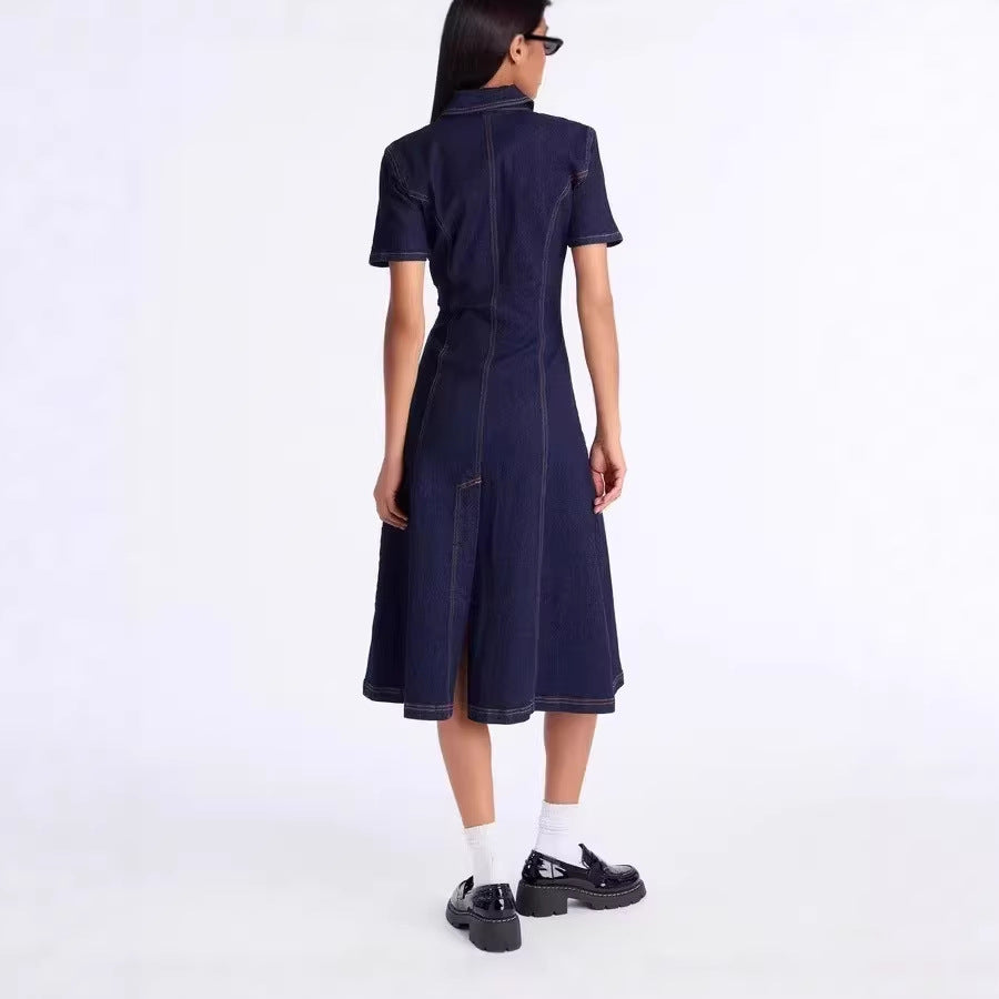 new european and american cross-border  independent station foreign trade short-sleeve turn-down collar casual denim dress for women