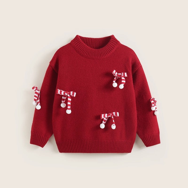 Girls' new year outfit: red sweater, winter knit top, stylish children's sweater,  new year's festive apparel