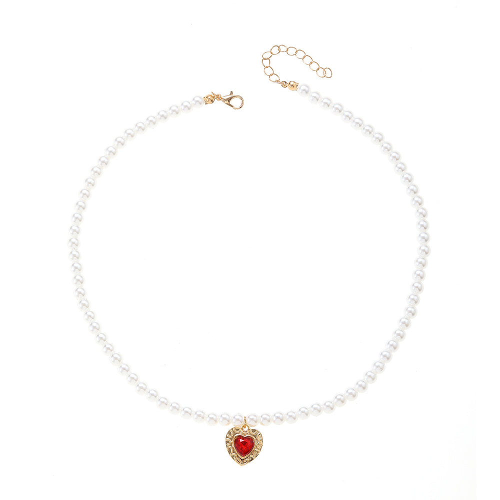 Baroque pearl necklace wholesale - cross-border vintage french chic luxury pendant - faux ruby heart necklace