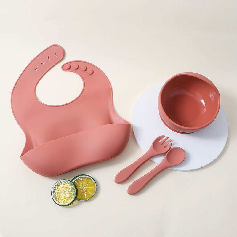 hot-selling silicone tableware suit baby kids bib suction cup bowl fork spoon suit saliva pocket dinner plate suit