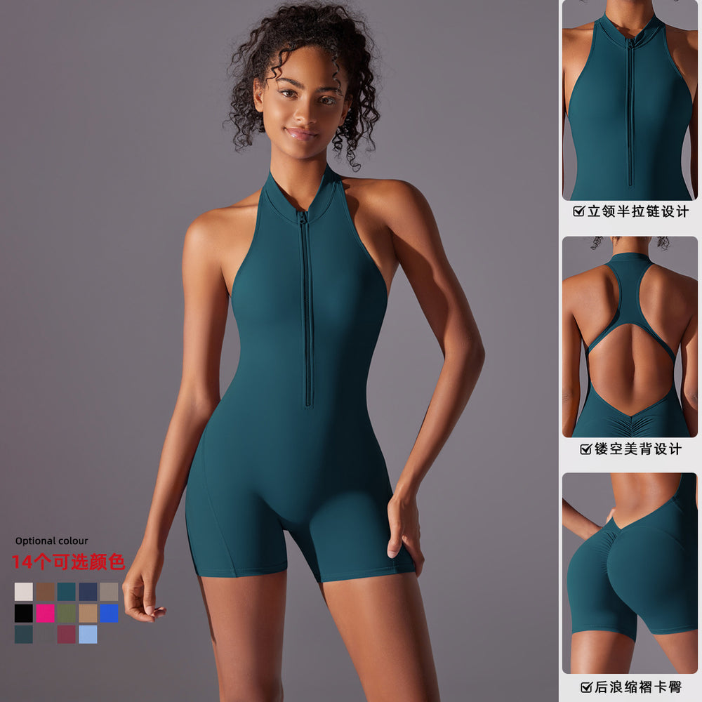 High-intensity workout backless yoga bodysuit - quick-dry, ruched, butt-lifting, compression one-piece with zipper - naked feel fitness jumpsuit