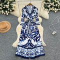 European and american retro court style chic blazer collar long sleeve tie-waist printed dress - women's french elegant maxi dress