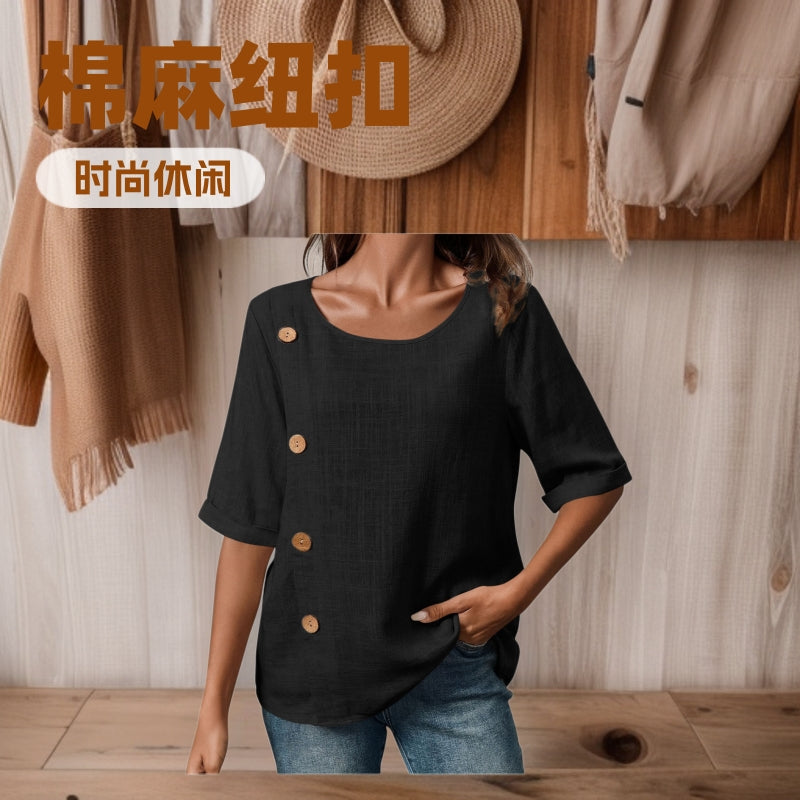 european and american cross-border new women's cotton linen button-down fashion casual top