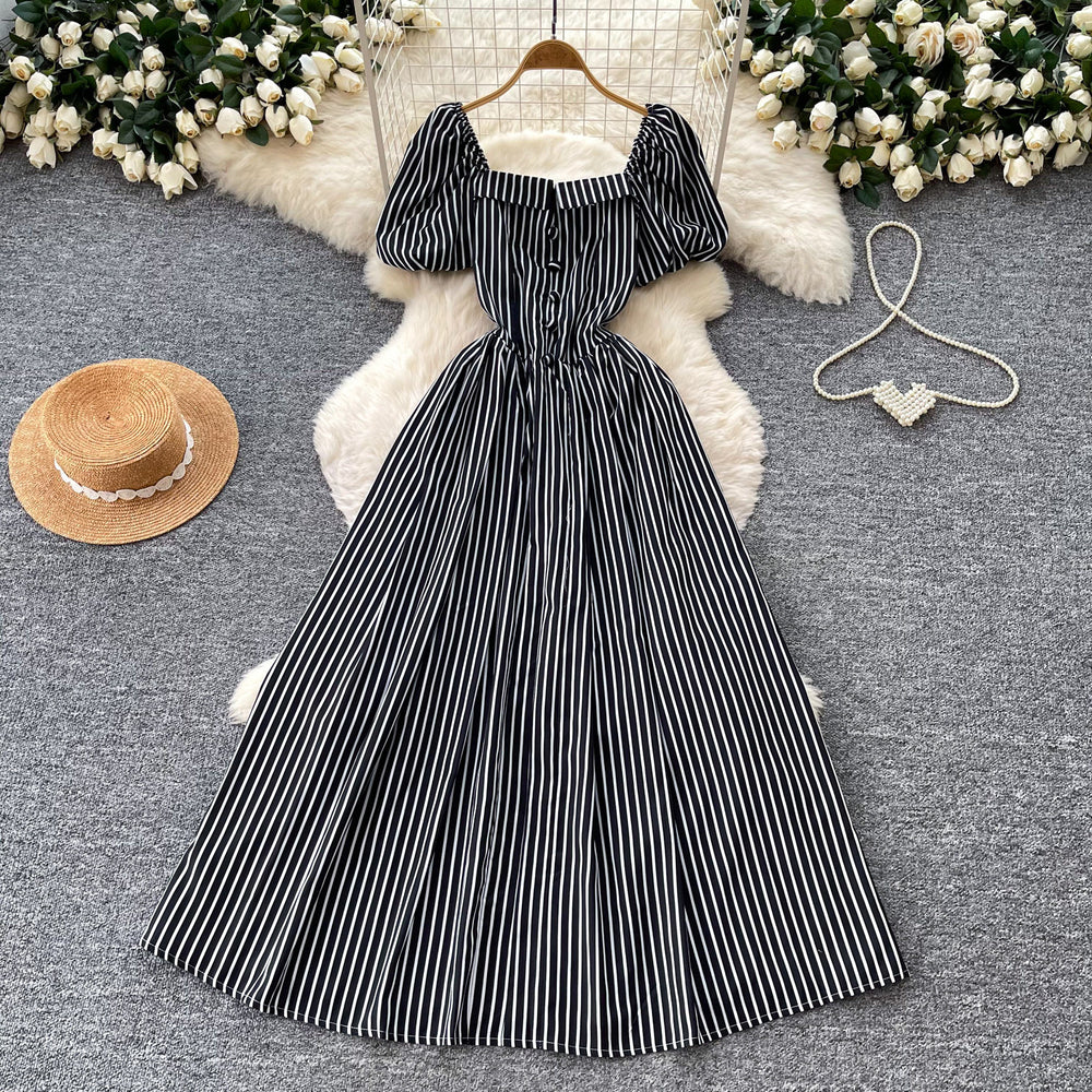 French square neck puff sleeve striped dress - women's summer korean style a-line midi dress for date night