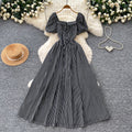 French square neck puff sleeve striped dress - women's summer korean style a-line midi dress for date night
