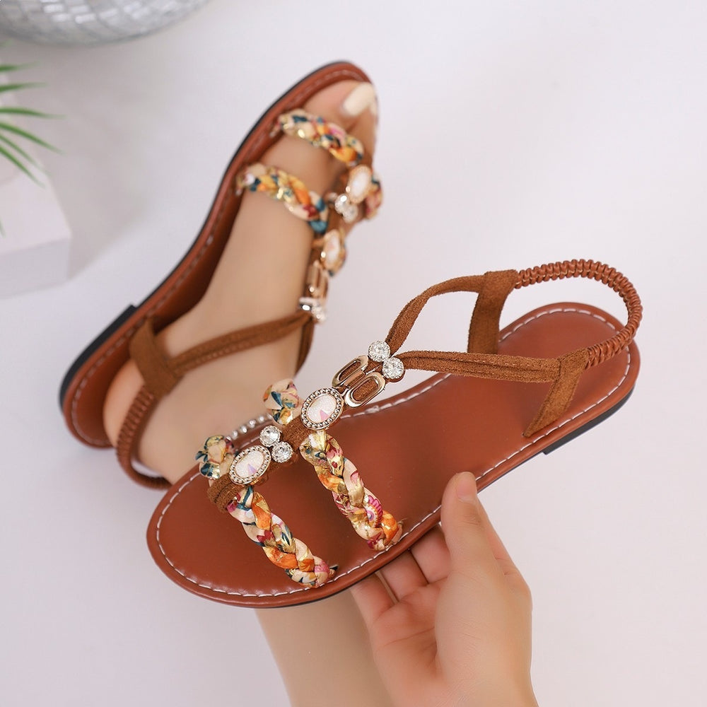 New bohemian women's espadrilles  summer colorful woven beaded round toe comfortable flat sandals