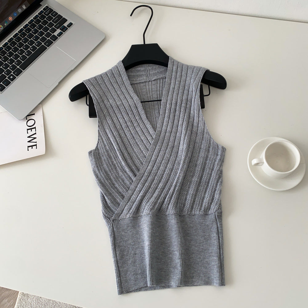 Sense of designniche style chicelegantv-neck knitting vest women's  spring and summerpure color sleeveless silmslimming looktops