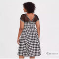European and american cross-border women's fashion:  autumn new arrival - round neck, short sleeve, see-through panel, houndstooth black and white print dress