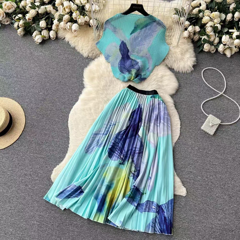 European and american cross-border fashion women's clothing  autumn new french-style design printed top and pleated skirt set with cinched waist