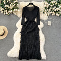 Classy sense of dress classyaccessible luxuryniche style tassel long skirt elegantv neck silm heavy industry pleated early spring dress