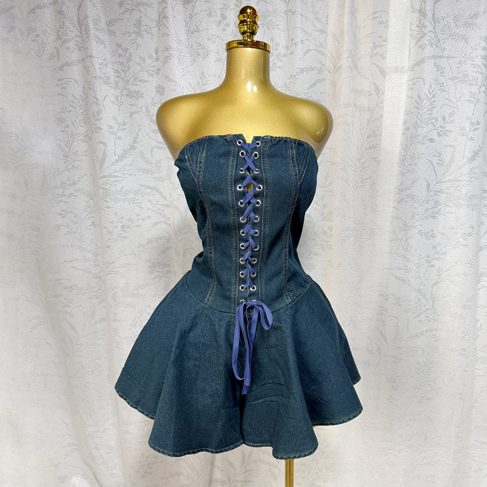 summer new european and american sexy fashion bandeau denim jumpsuit with straps and wide leg shorts for women