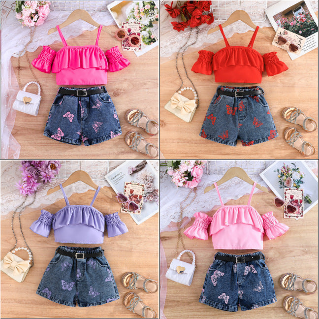 new product summergirl denim vest tops+suspender intimates+green 100% off skirt+belt four-piece set