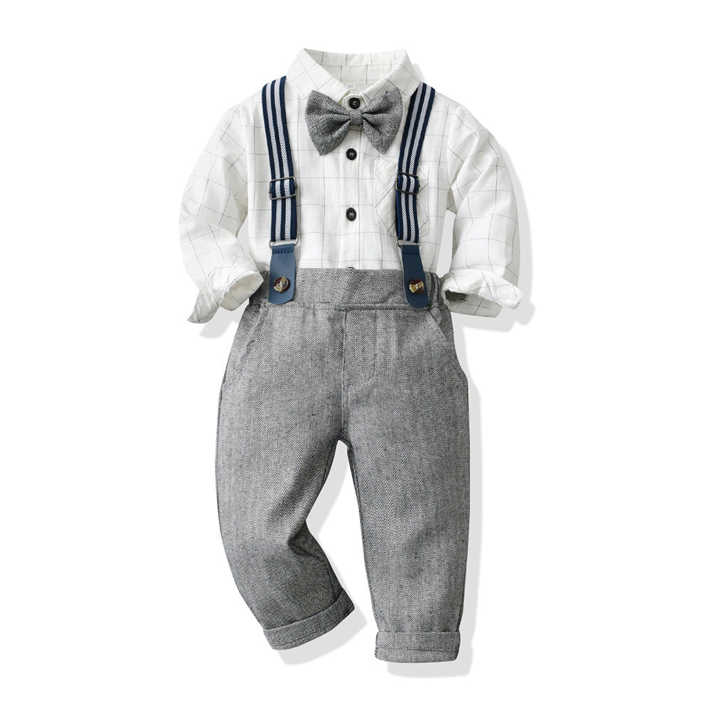 Top and top spring autumk-style boyssuitlong sleevesplaidshirtoverallsnew arrivalwholesale