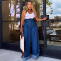 European and american style high-waisted straight-leg jeans -  cross-border women's fashion streetwear casual drawstring elastic wide-leg pants