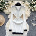 Frenchclassy small fragrant fashionablecontrast colorv neck metal buckle waist slimming lookelegantlong sleevesknittingdress