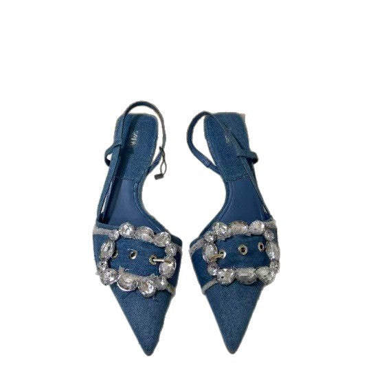 Za high heels women's 2025 new pointed toe blue denim women's shoes rhinestone square buckle decorated stiletto fashion sandals women