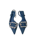 Za high heels women's 2025 new pointed toe blue denim women's shoes rhinestone square buckle decorated stiletto fashion sandals women