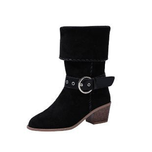 Exportplus sizesharp toe square heel metal buckle suede workwear boots fall and winternew arrival long tube non-knee women's boots