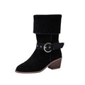 Exportplus sizesharp toe square heel metal buckle suede workwear boots fall and winternew arrival long tube non-knee women's boots