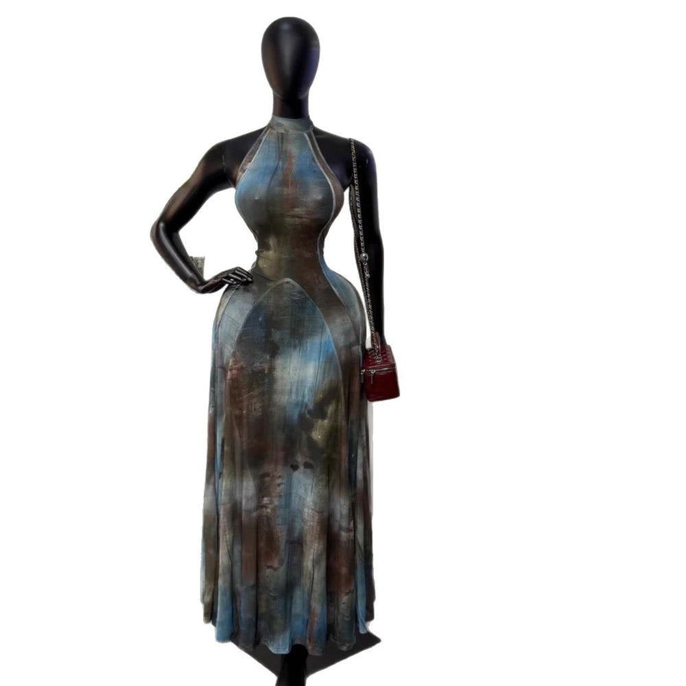European and american cross-border women's fashion:  summer new arrival - elegant halter neck slim-fit printed gradient sleeveless dress