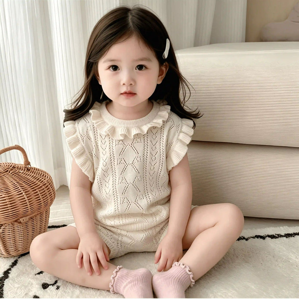 Kids' summer knit sleeveless vest - lightweight, hollow-out, soft, breathable, ruffle-trimmed knit top for babies