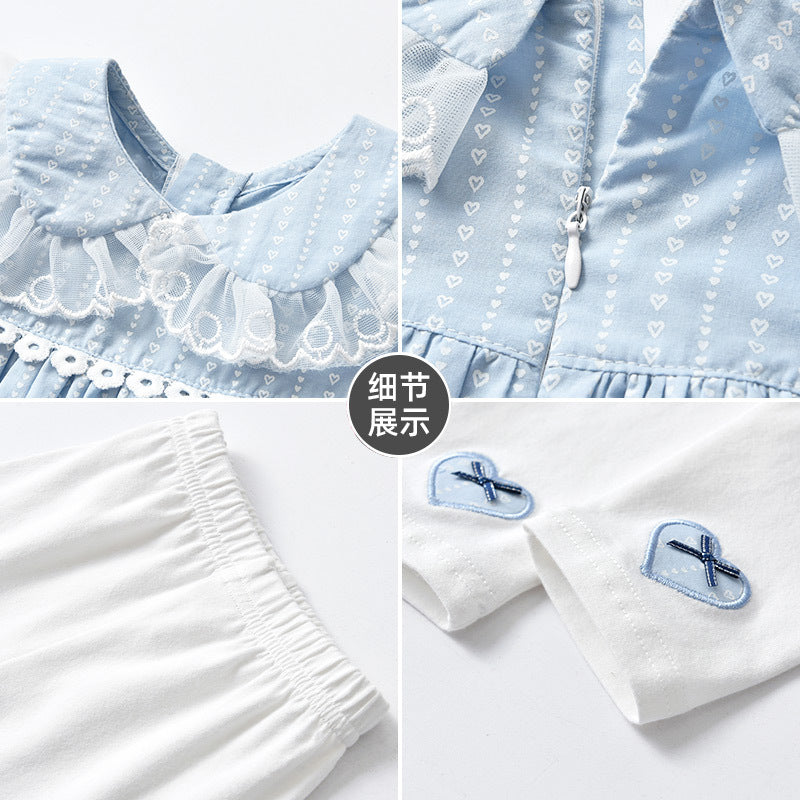 Kids' korean style spring/autumn outfit: girls' long-sleeved pure cotton blue top and pants set - new  collection for toddlers