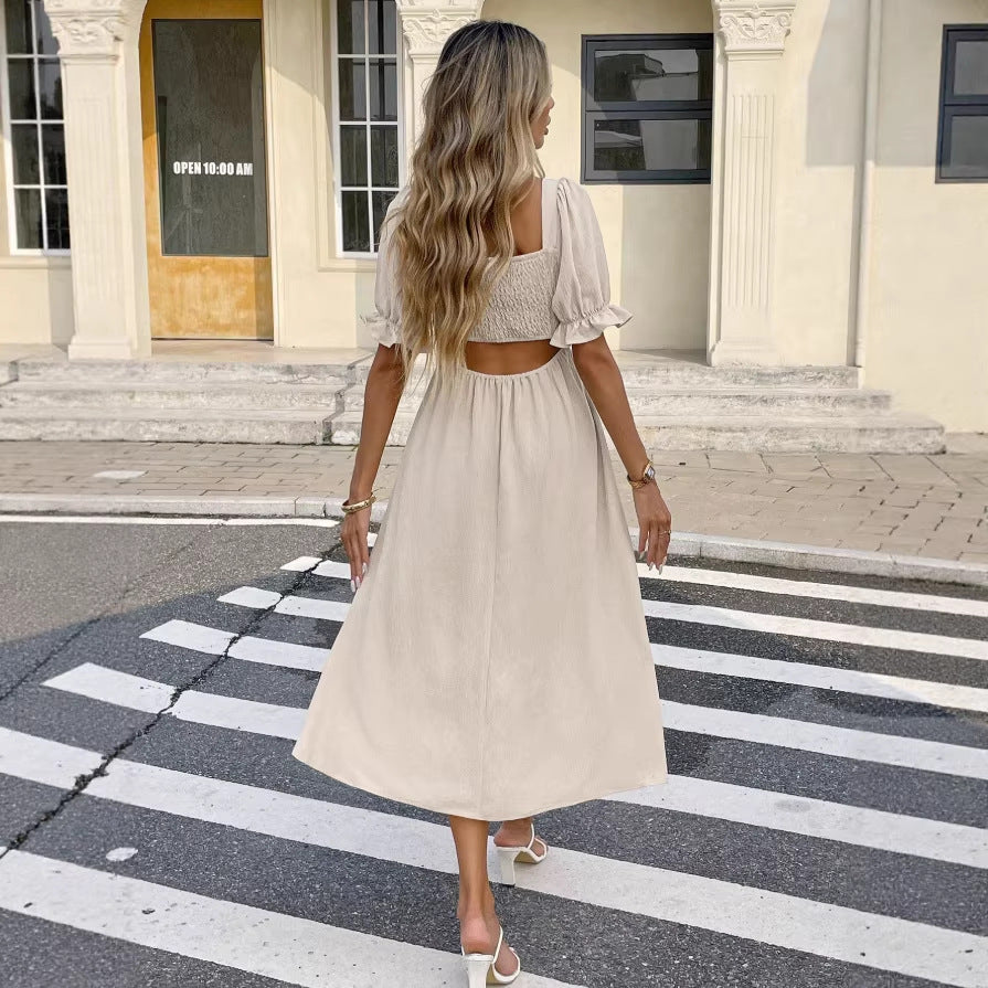 .  foreign trade european and american style off-the-shoulder elegant maxi dress with puff short sleeves and one-shoulder tie-up detail