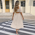 .  foreign trade european and american style off-the-shoulder elegant maxi dress with puff short sleeves and one-shoulder tie-up detail