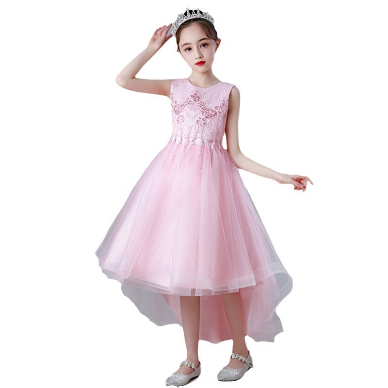 summer girls' tulle princess dress with train - sizes 3-13 years, mid-to-large children's formal dress, floral kids' dress