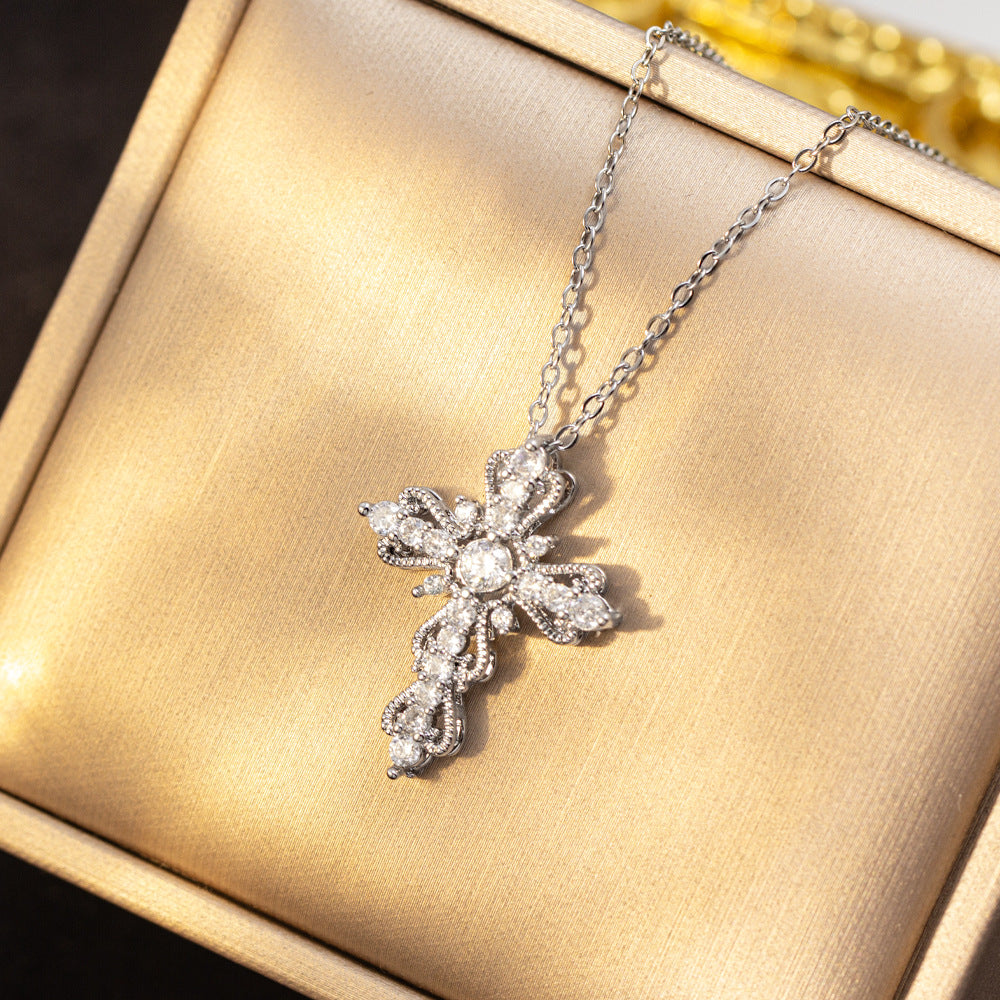 [titanium steel] fashionfashion full diamond cross necklace women's niche light luxury high-end stylishsweater chain jewelry