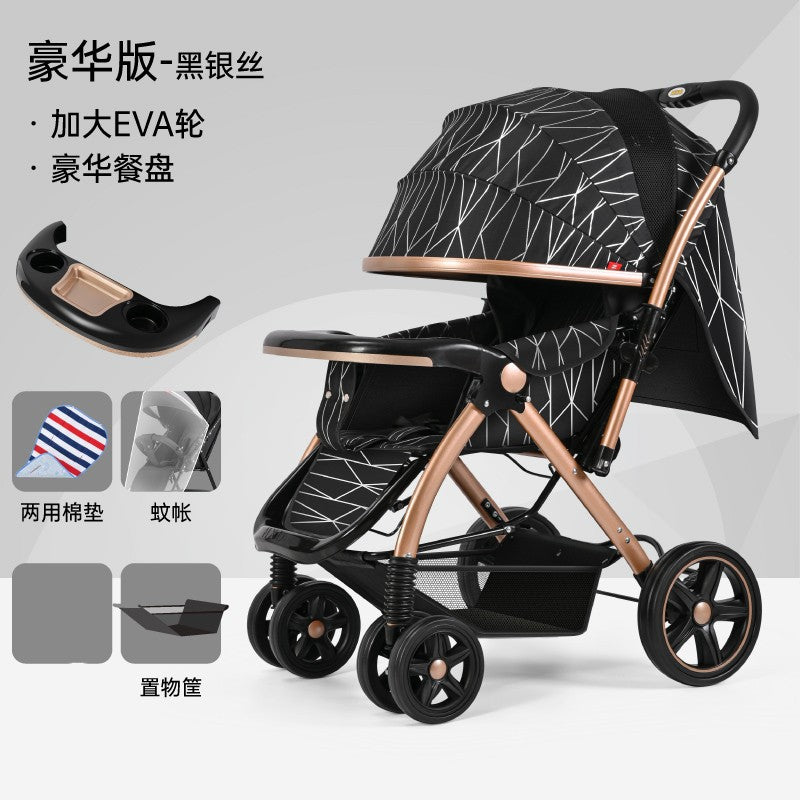 High-view stroller, convertible reclining, foldable four-wheel shock absorbing pram, two-way baby stroller for infants and toddlers