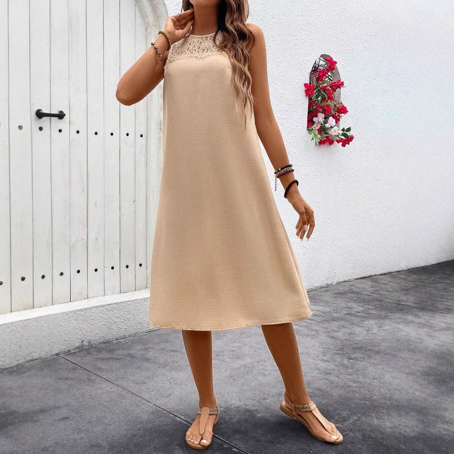 european and american cross-border  spring/summer new casual lace patchwork round neck solid color sleeveless women's dress