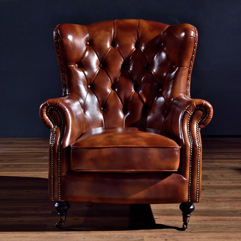 Vintage distressed american oil wax leather brown single armchair sofa high back button tufted hotel reception living room tiger chair