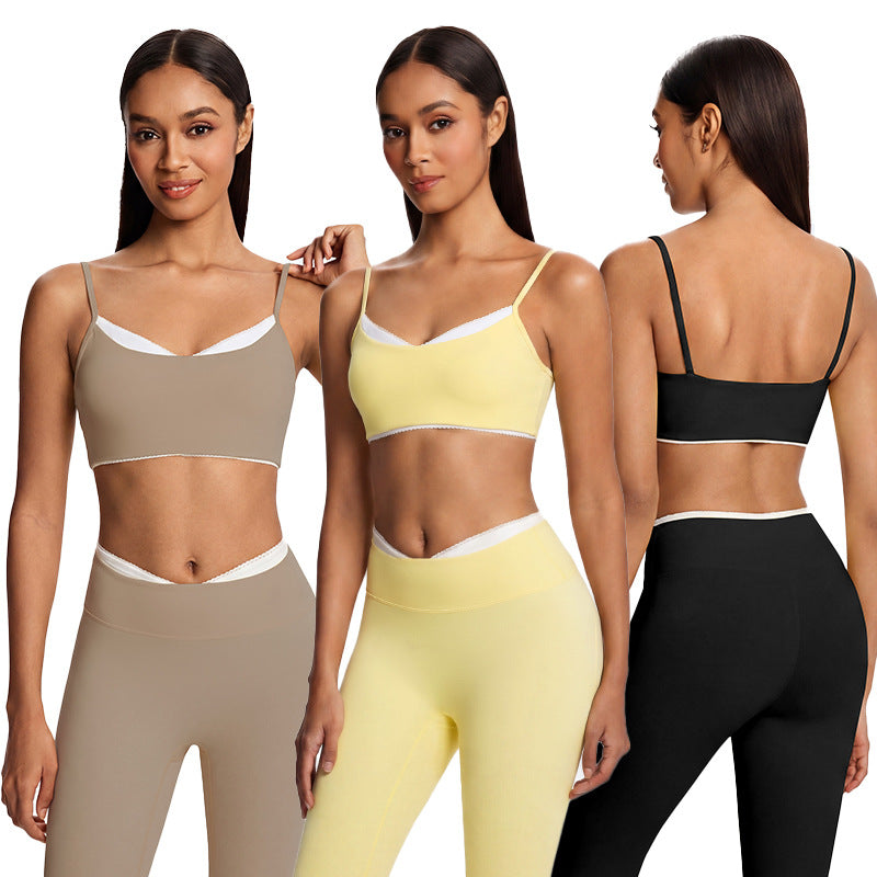 New eco-friendly fabric, solid color, beautiful back, double-layered criss-cross, double-sided nylon sports bra for women, suitable for running, fitness, and yoga