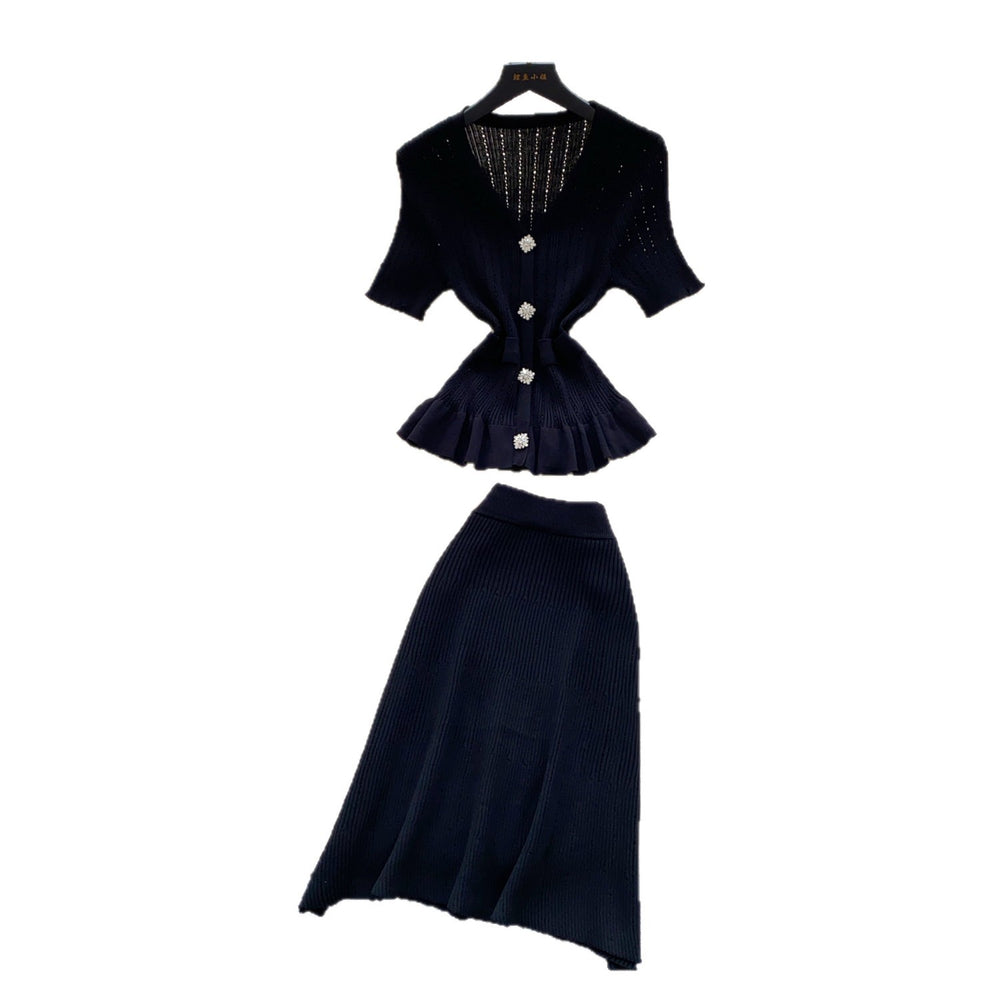 French work clothing style pink knittingtwo-piece set female summercasualv neck waist rufflesfashionelegantsuit