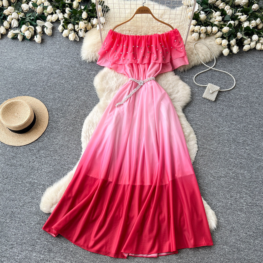 new women's summer sleeveless printed dress with pearl off-the-shoulder neckline, high-waisted a-line skirt, commute-friendly high street style